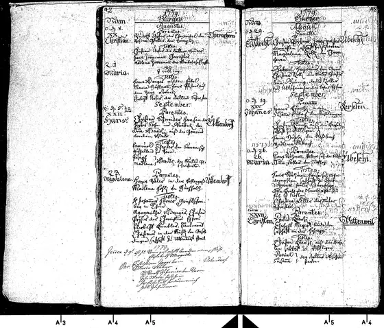 Baptism 26 Sep 1779 (no. 26, "1779 Burger") of Maria , daughter of Hans Stuzman and Ana Feller; godmother Christina Feller, the mother's sister; Heimat Uebeschi
