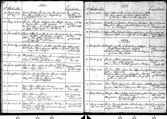Marriage register of Reutigen, 1833, no. 15: banns of Christian Hirschi , Peter's son, of Schangnau, Küher, and Magdalena Stocker , Johannes's daughter, of…