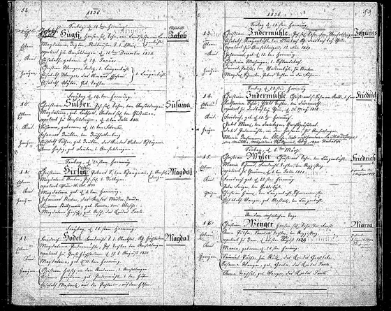 Baptism no. 11 of 1836, Amsoldingen: Magdalena , born 4 Feb 1836, baptised Sunday 21 Feb 1836; same parents; godparents the mother's brother Johannes Stocker…
