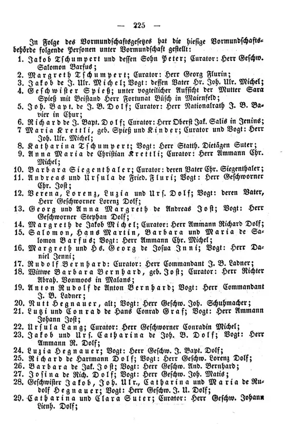 List of persons under guardianship in Igis (Igis, 30 June 1852; Joh. Bapt. Ladner, president): no. 20 Nutt Hegnauer, alt; no. 24 Luzia Hegnauer; no. 28…