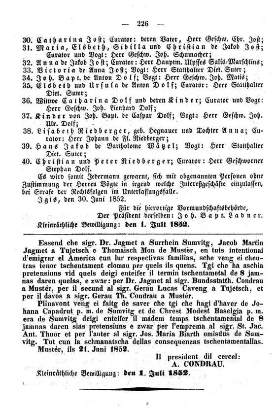 List of persons under guardianship in Igis (Igis, 30 June 1852; Joh. Bapt. Ladner, president): no. 20 Nutt Hegnauer, alt; no. 24 Luzia Hegnauer; no. 28…