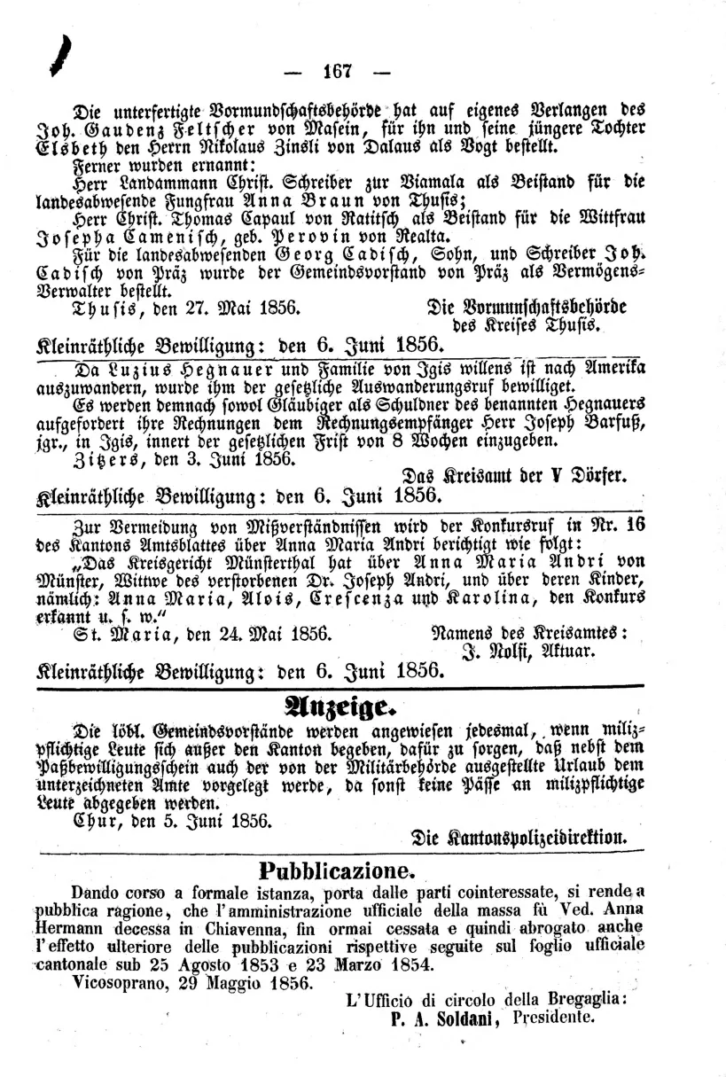 Creditors' call on emigration (Auswanderungsruf): "Da Luzius Hegnauer und Familie von Igis willens ist nach Amerika auszuwandern, wurde ihm der gesetzliche…
