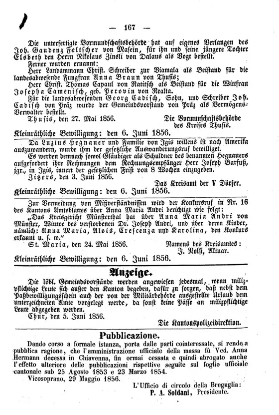 Creditors' call on emigration (Auswanderungsruf): "Da Luzius Hegnauer und Familie von Igis willens ist nach Amerika auszuwandern, wurde ihm der gesetzliche…