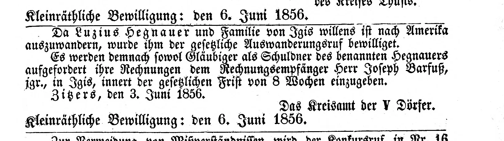A printed notice in German from the Graubünden gazette of 1856
