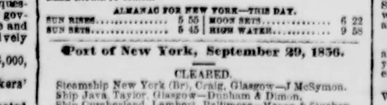 Column header "Port of New York, September 29, 1856"
