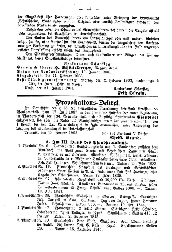 Provokations-Dekret for the Igis Pfandprotokoll (revision of the mortgage register), item 4: "Pfandtitel Nr. 35. Pfandobjekt: Wohnhaus im Oberdorf, Untergasse.…