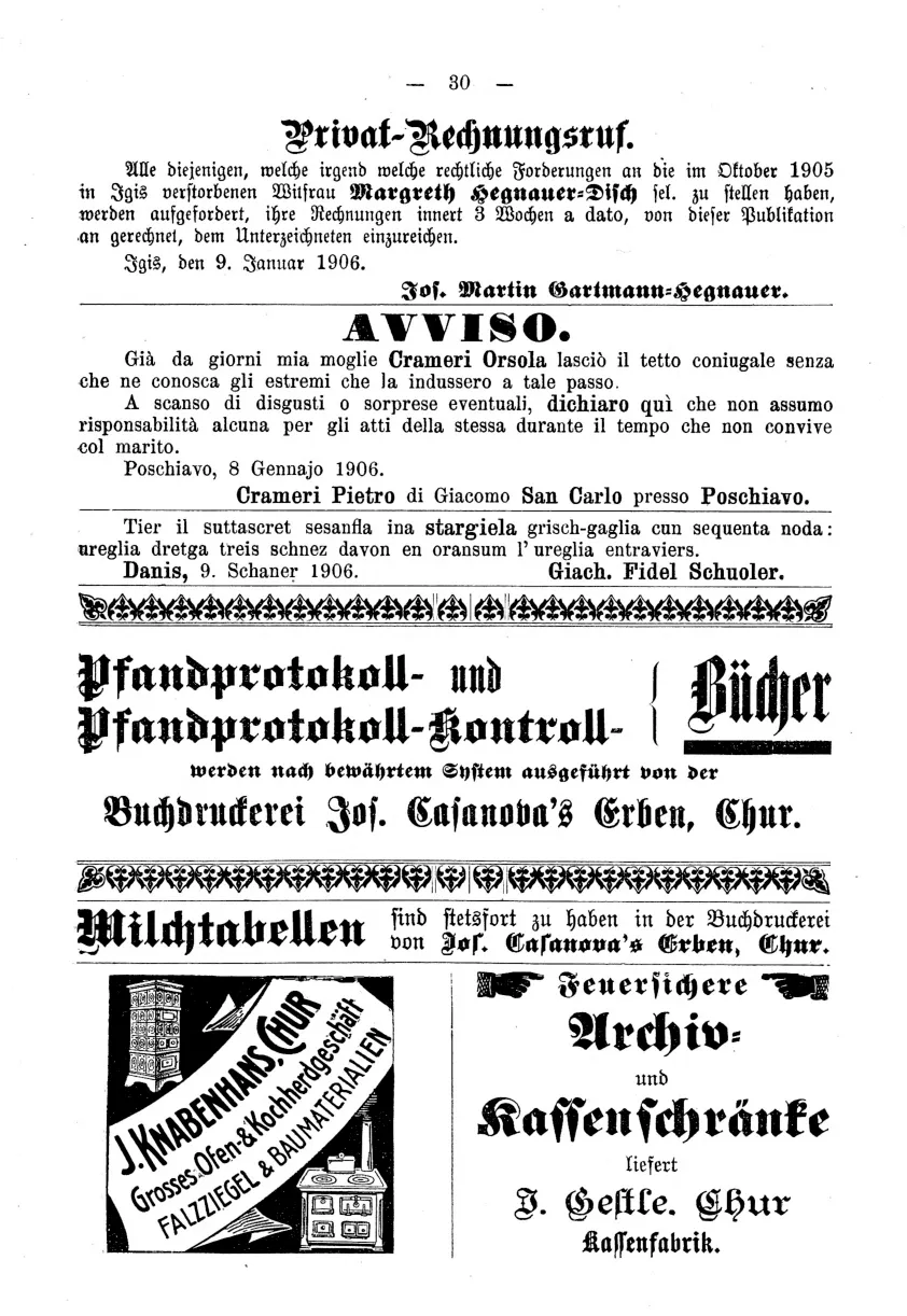 A printed creditors' call in German from the Graubünden gazette of 1906