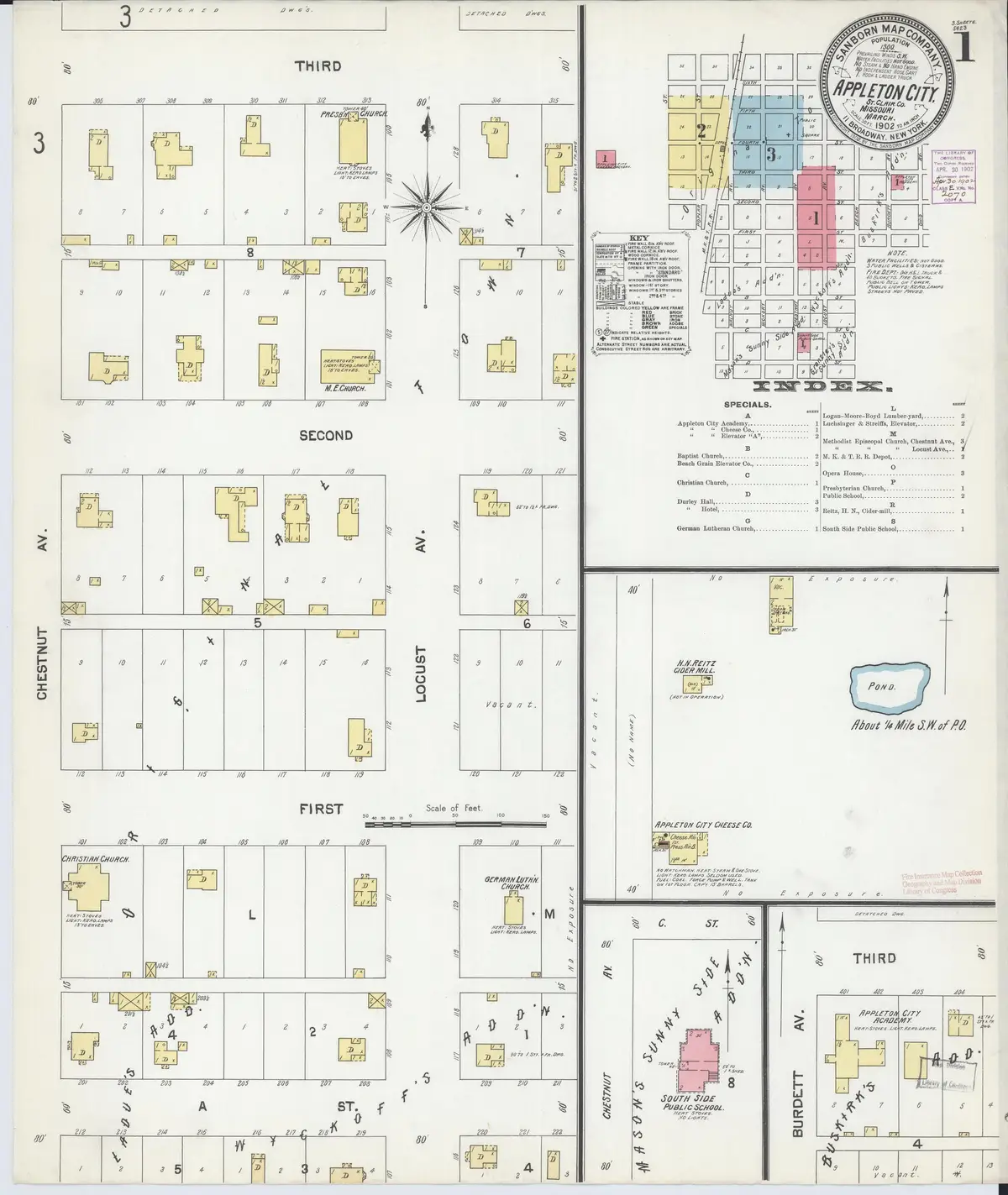 Appleton City in the Sanborn fire-insurance map of 1902, sheet 1, with the key map of the town