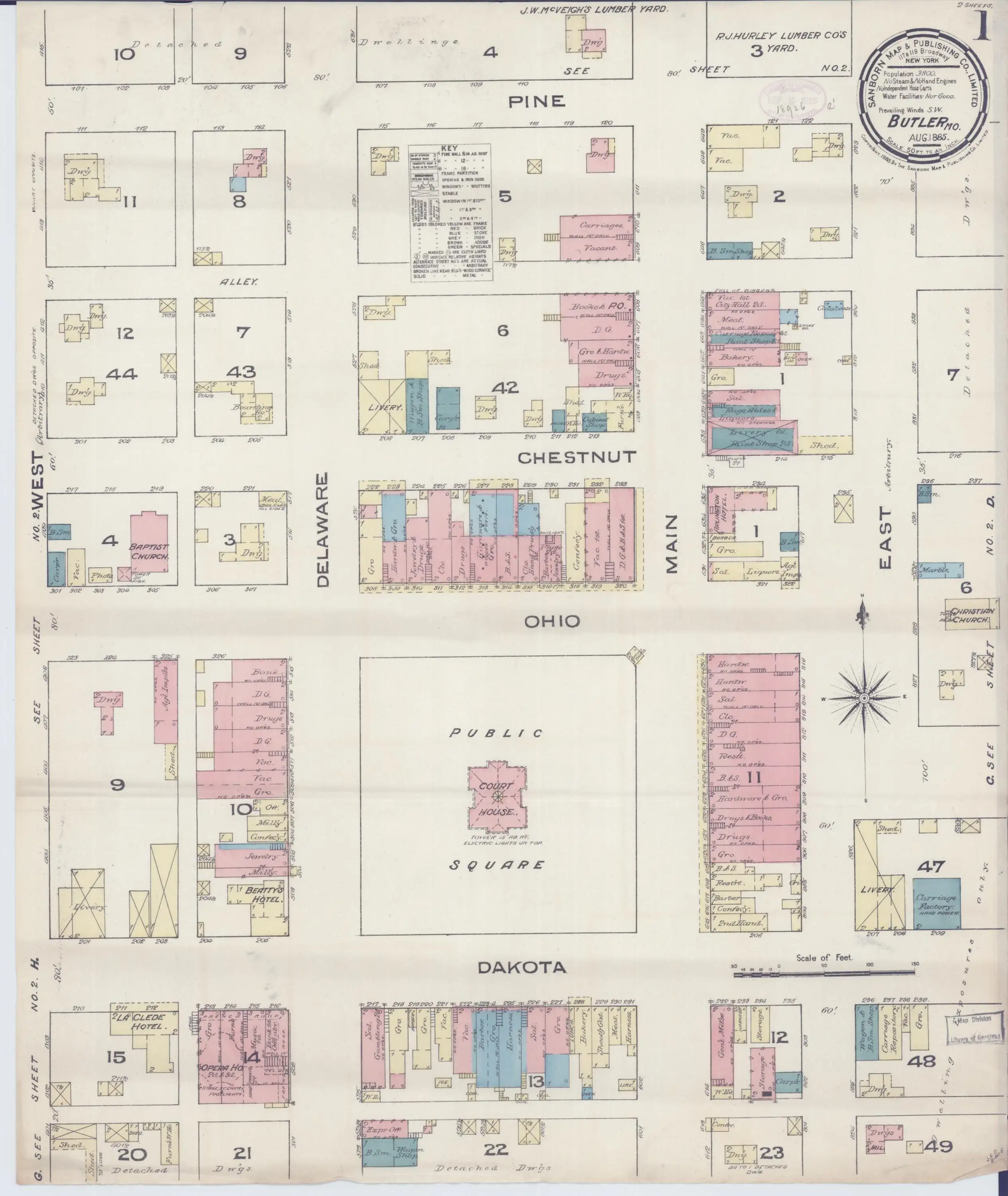 Butler, the county seat, in the Sanborn fire-insurance map of August 1885, sheet 1: the public square and the business blocks around it, building by building