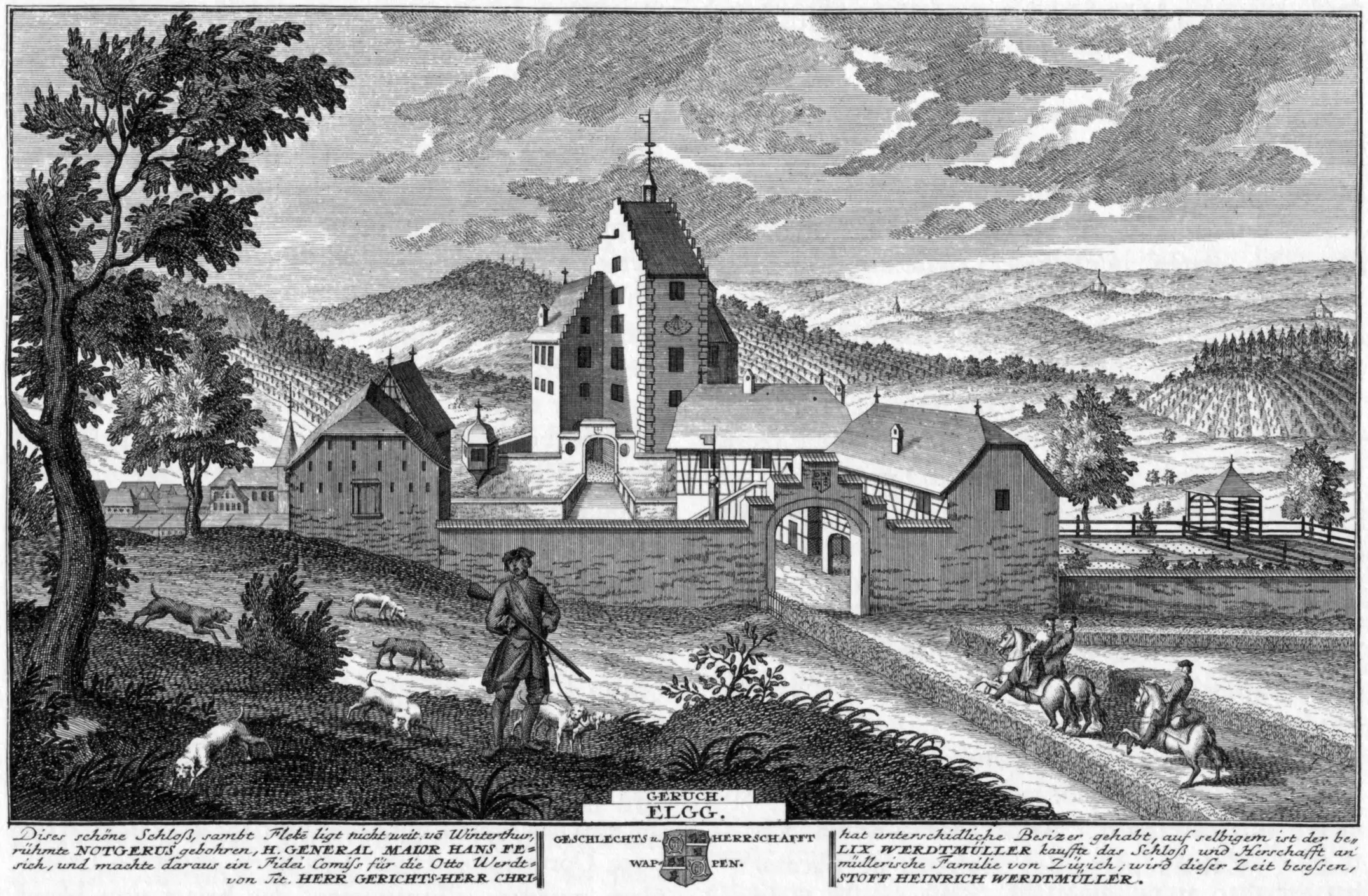 Das Schloss Elgg , 1741: the castle above the little town, with a hunting party in the foreground. Copper engraving by Johann Caspar Ulinger, published in…