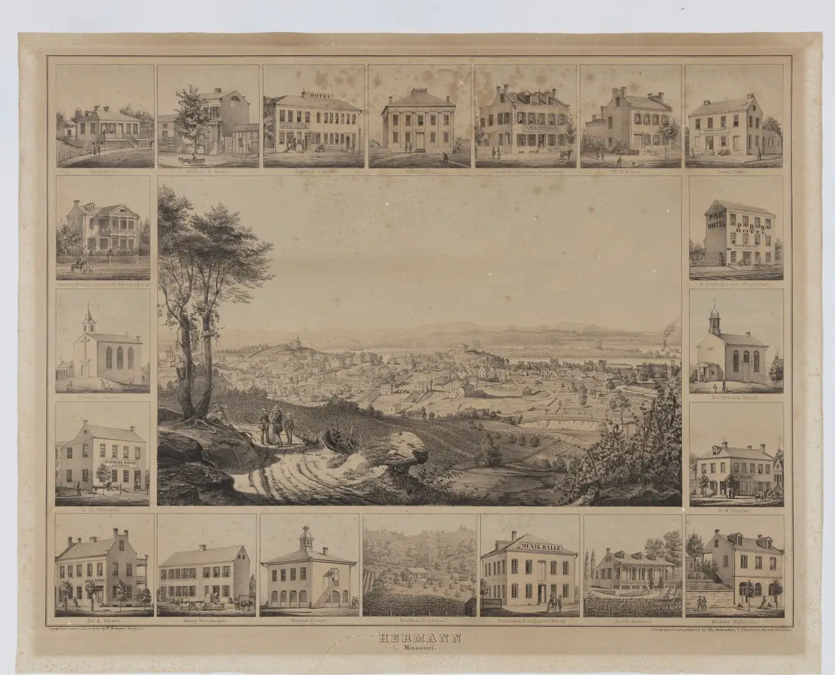 "Hermann": a general view of the town on the Missouri from the hills, framed by vignettes of its houses, churches and public buildings. Lithograph by Edward…