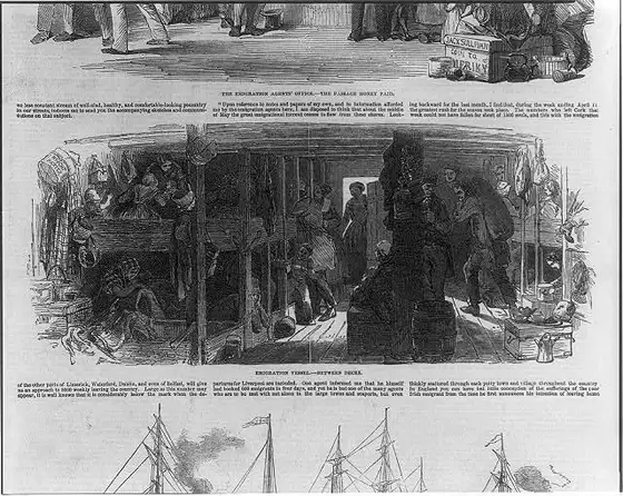 "Emigration vessel—Between decks", Illustrated London News, 10 May 1851. Context: steerage of the period.