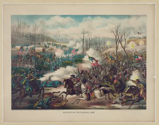 "Battle of Pea Ridge, Ark.", chromolithograph, Kurz & Allison, Chicago, 1889. A commemorative print, not an eyewitness view. John Hegnauer's company (Co. A…