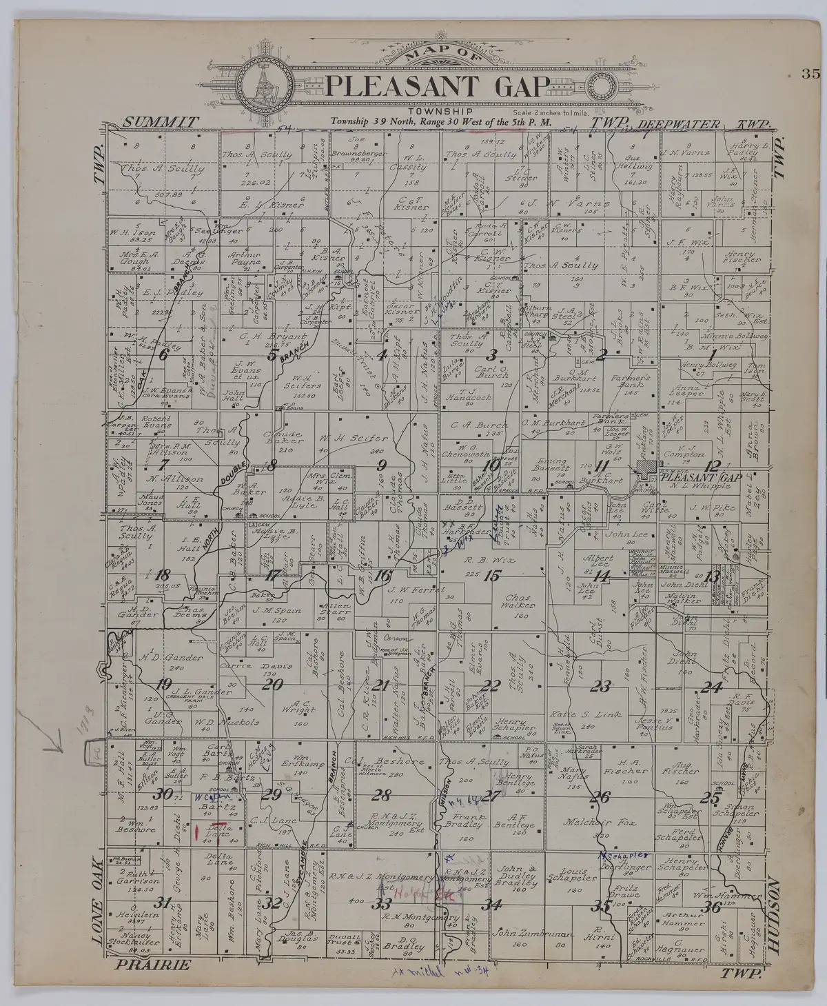 Pleasant Gap Township in the Standard Atlas of Bates County, Missouri (Brock & Co., Chicago, 1928), p. 35: its sections with the landowners' names