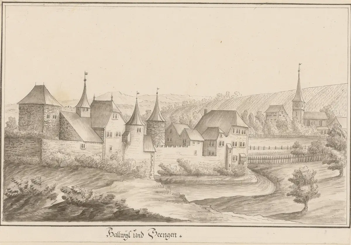 "Hallwyl und Seengen": Hallwyl castle in its moat, with the church tower of Seengen behind it. Anonymous drawing, about 1770–1790 (the colour bar of the scan…