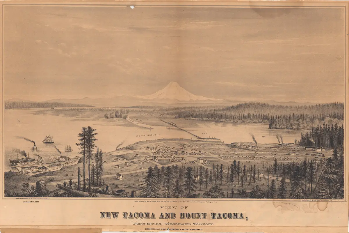"View of New Tacoma and Mount Tacoma, Puget Sound, Washington Territory. Terminus of the Northern Pacific Railroad": bird's-eye lithograph drawn and published…